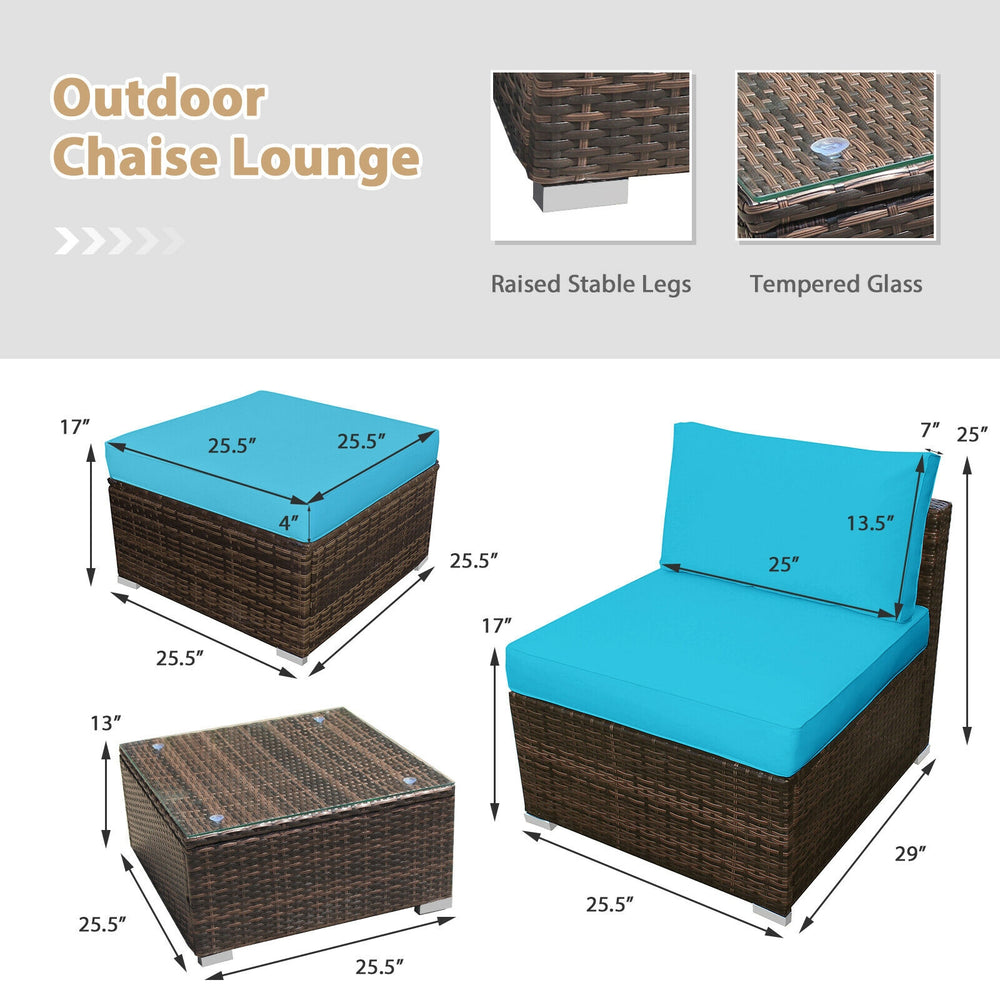 Armless sofa from the 5 Pieces Patio Rattan Furniture Set with turquoise cushion, perfect for outdoor relaxation.