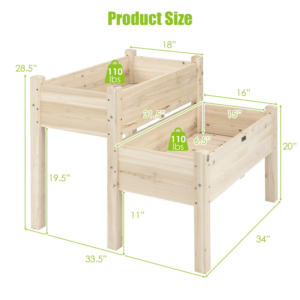 2-tier wooden elevated planter box with legs, made of fir wood, designed for balcony and yard gardening, featuring.