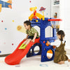 Kids enjoying the 6-in-1 freestanding slide with basketball hoop, featuring a smooth red slide and playful design.