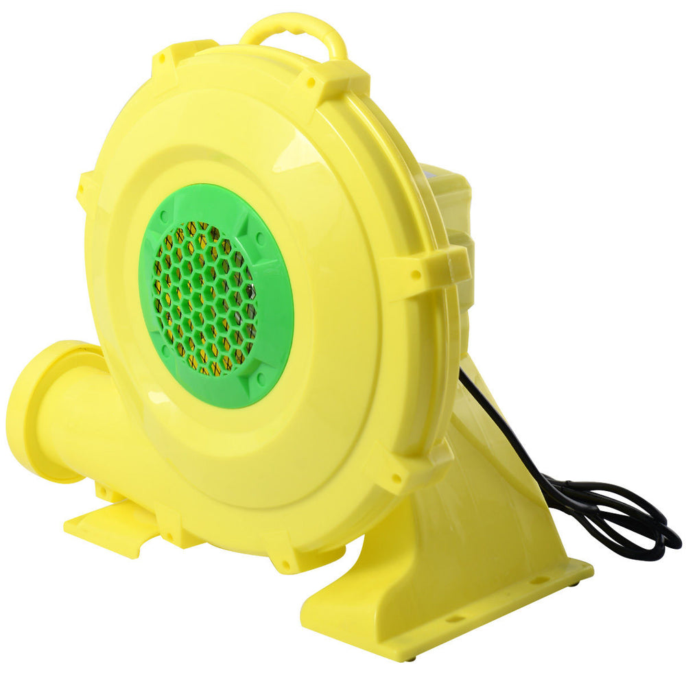 Yellow 735 W air blower pump fan with ergonomic design and 13-foot power cord for fast inflation of bounce houses.