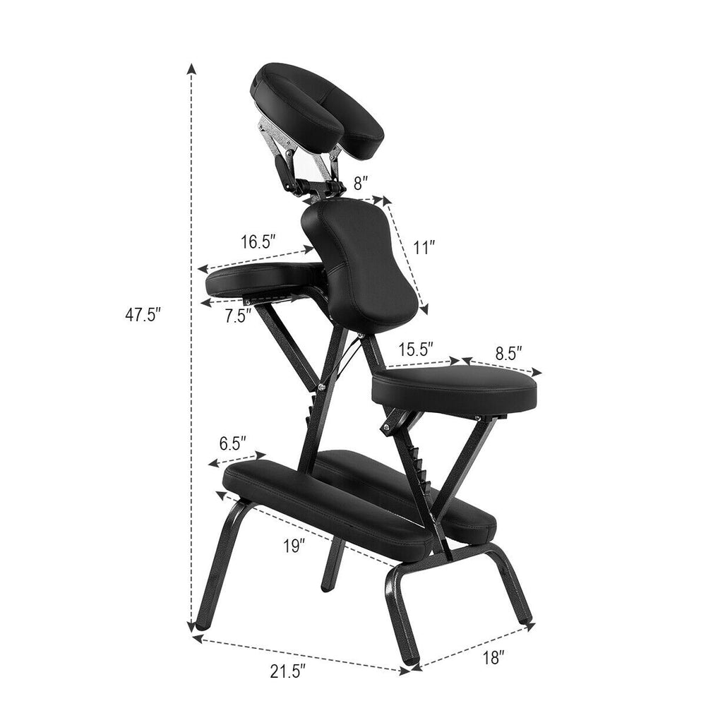 Adjustable PU leather travel massage chair with 2" foam padding, foldable design, and durable aluminum frame.