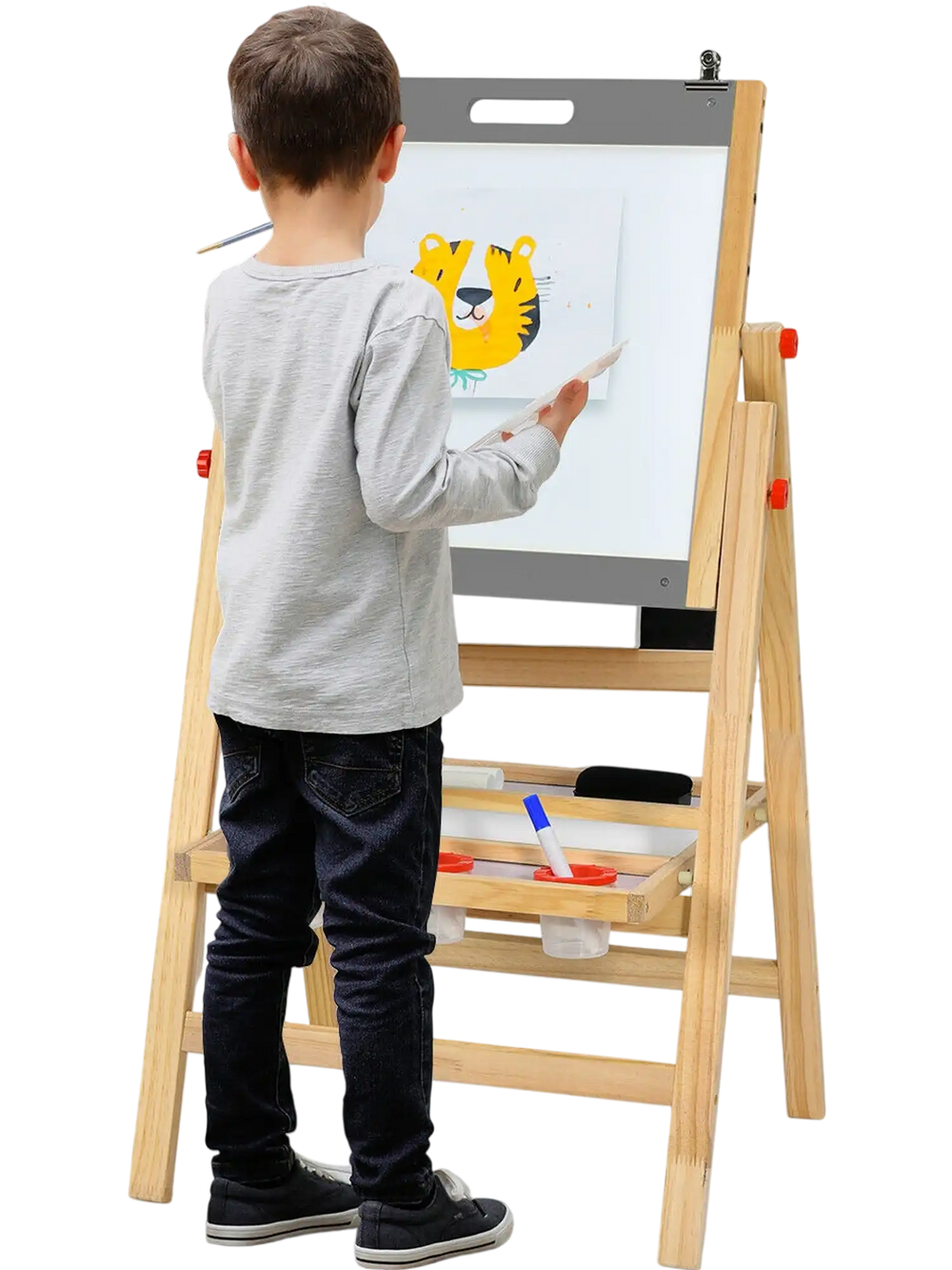 Kids art easel with adjustable height, featuring a chalkboard and whiteboard, perfect for creative activities.