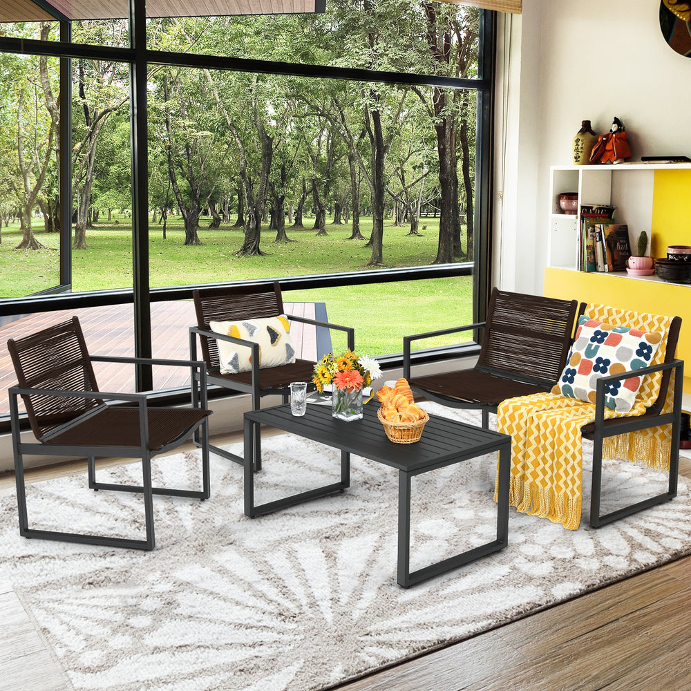 4-piece patio furniture conversation set featuring a steel frame and durable polyester, perfect for outdoor relaxation.