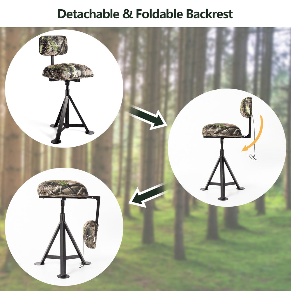 Detachable and foldable backrest of the swivel hunting chair with sturdy steel frame and adjustable legs for stability.