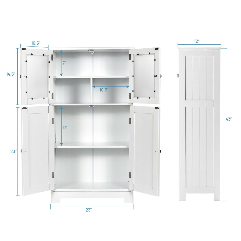 White bathroom floor storage locker with adjustable shelves and tempered glass doors for organized storage.
