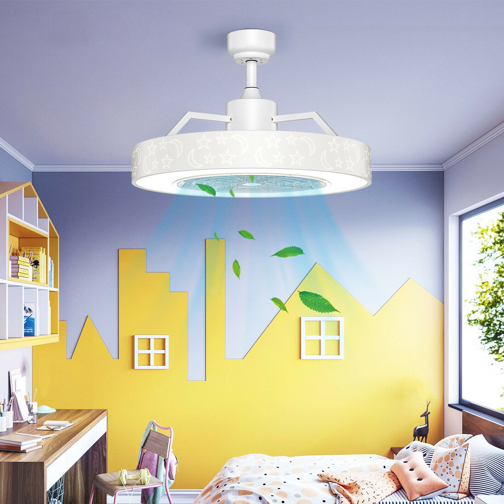 23-inch white ceiling fan with LED light and remote control, featuring a stylish hollowed-out starry lampshade for home.