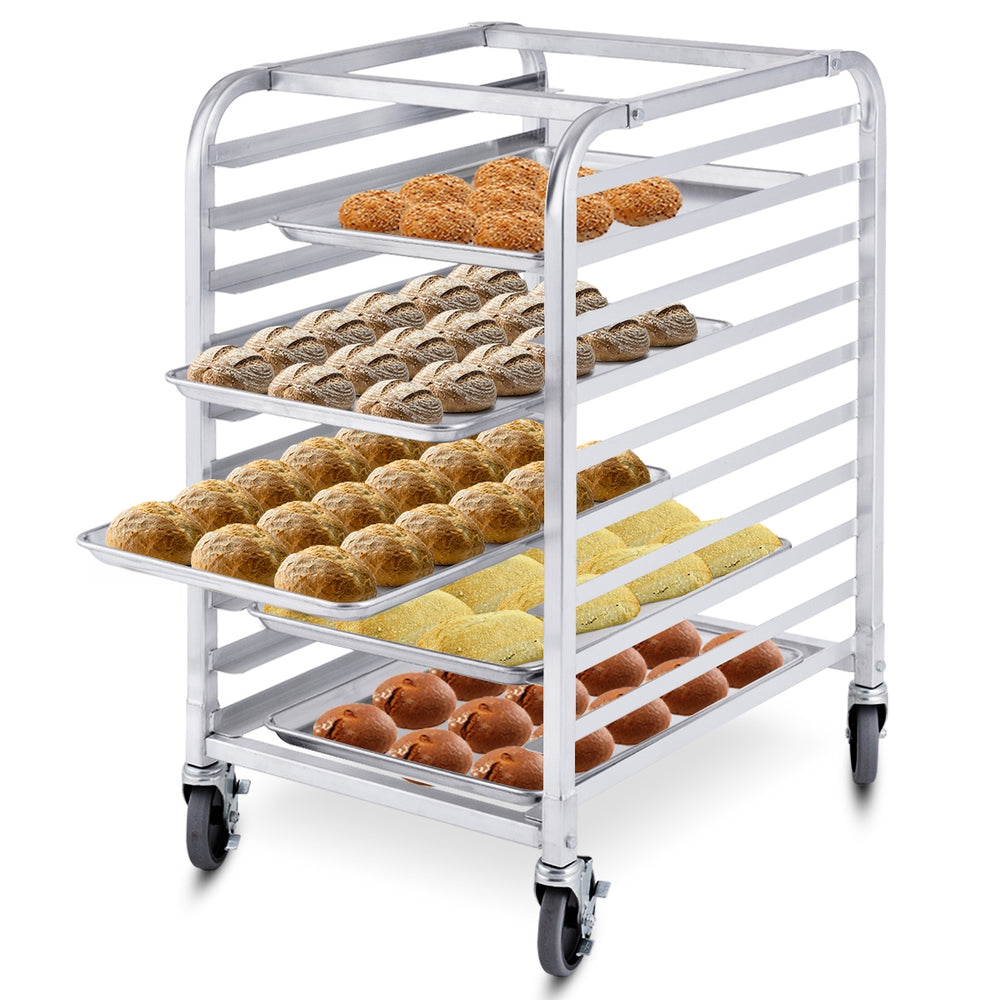 Aluminum rolling bakery pan rack with 10 tiers, designed for holding full-size sheet pans, featuring durable wheels for.
