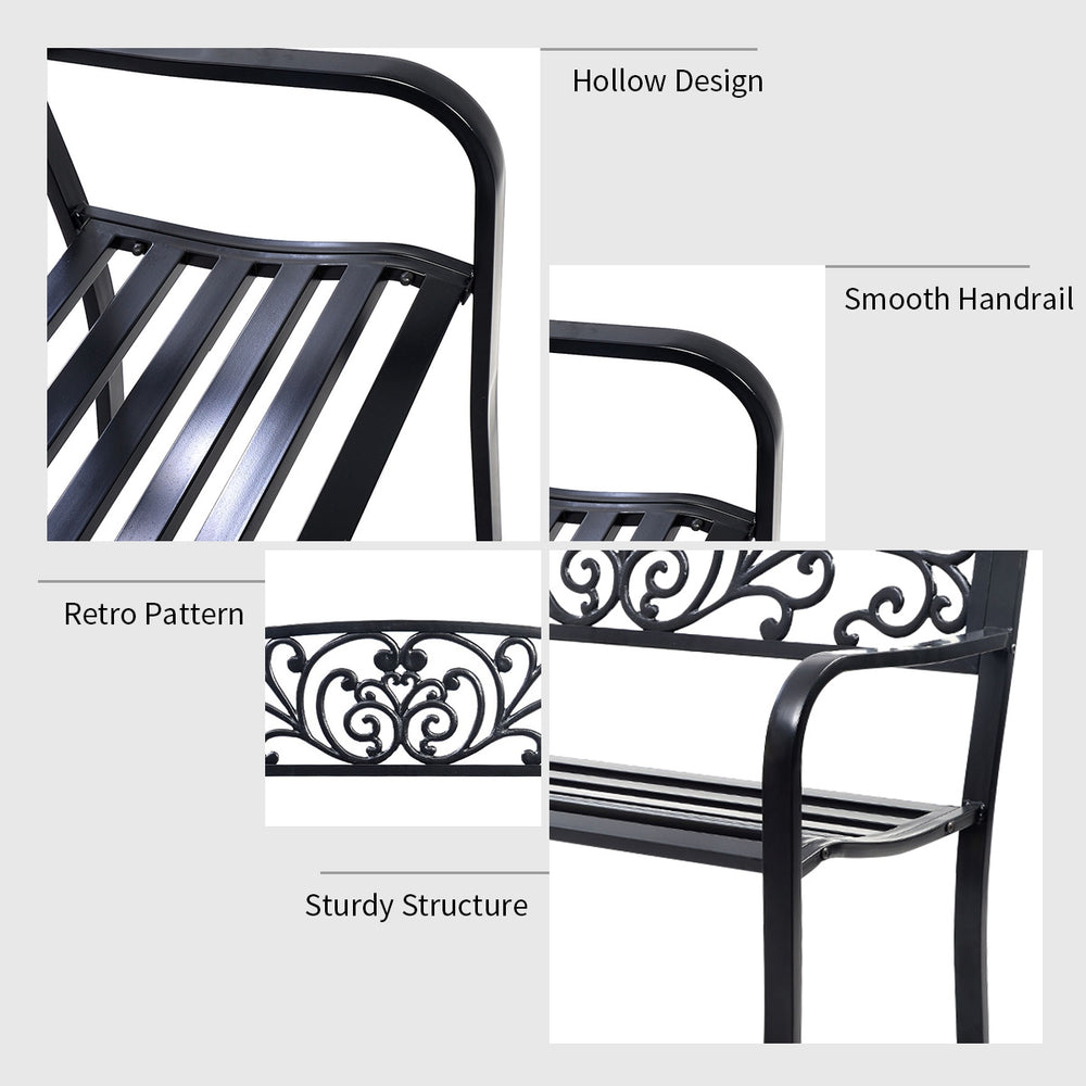 Close-up of the 50-inch patio bench showcasing the sturdy steel frame, elegant retro pattern, and smooth handrail.