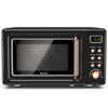 Retro countertop microwave oven in black with golden accents, featuring 5 power levels and 8 auto cooking modes for.
