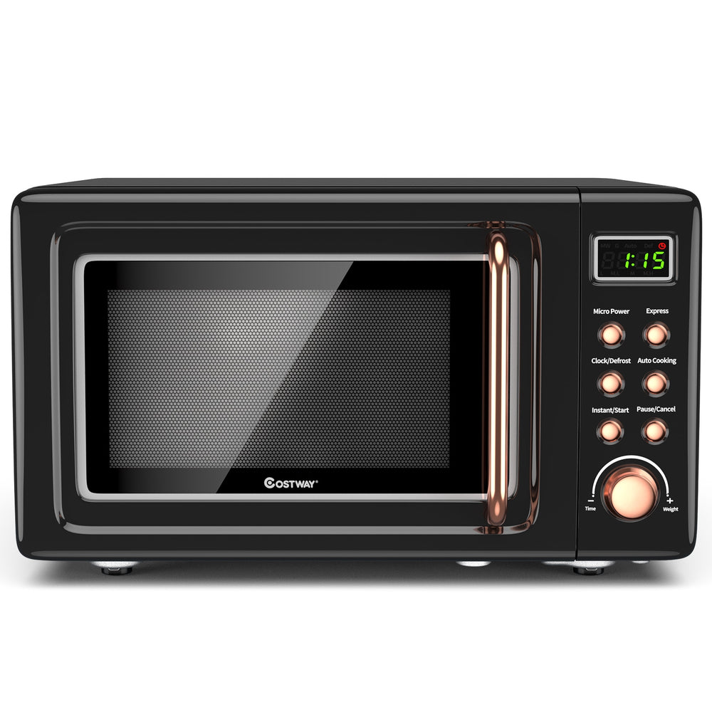 Retro countertop microwave oven in black with golden accents, featuring 5 power levels and 8 auto cooking modes for.