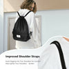 Drawstring backpack in black with improved shoulder straps, zipper pockets, and foldable design for easy storage.