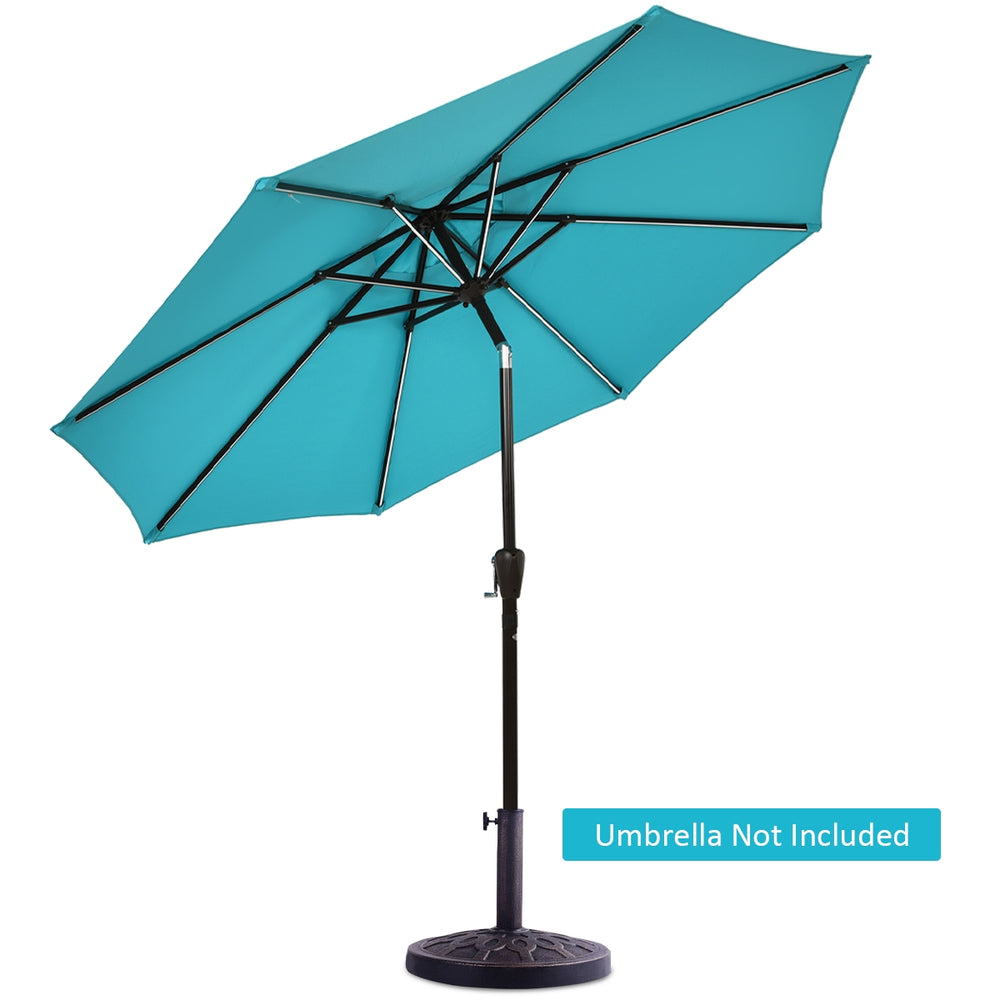 Heavy-duty 30lbs patio umbrella base with decorative pattern and bronze finish, designed for stability and rust.