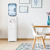 Hot and cold water cooler dispenser with child safety lock, featuring a detachable drip tray and large storage cabinet.