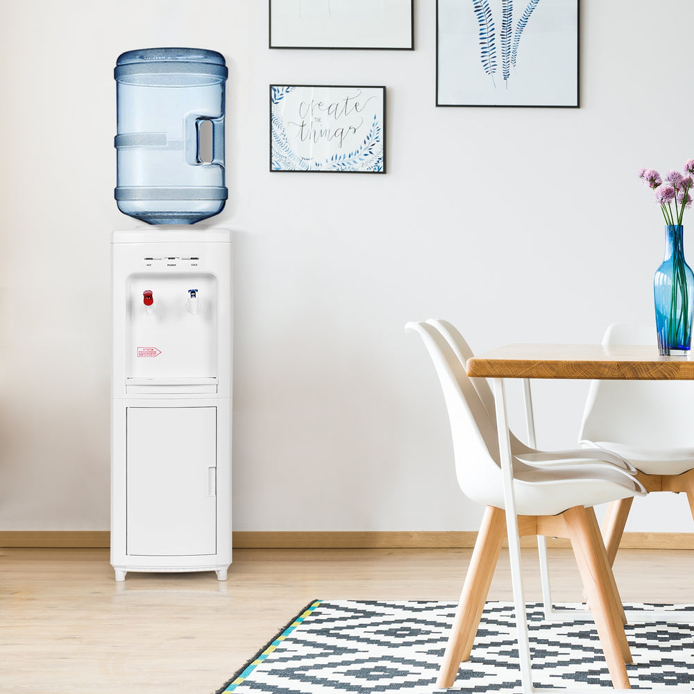 Hot and cold water cooler dispenser with child safety lock, featuring a detachable drip tray and large storage cabinet.