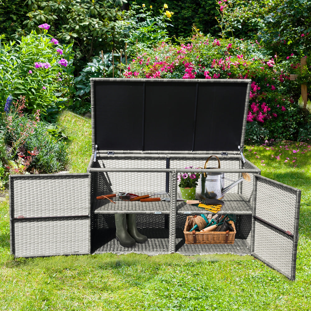 Garden patio rattan storage container box with 88-gallon capacity, featuring dual access and weather-proof design for.