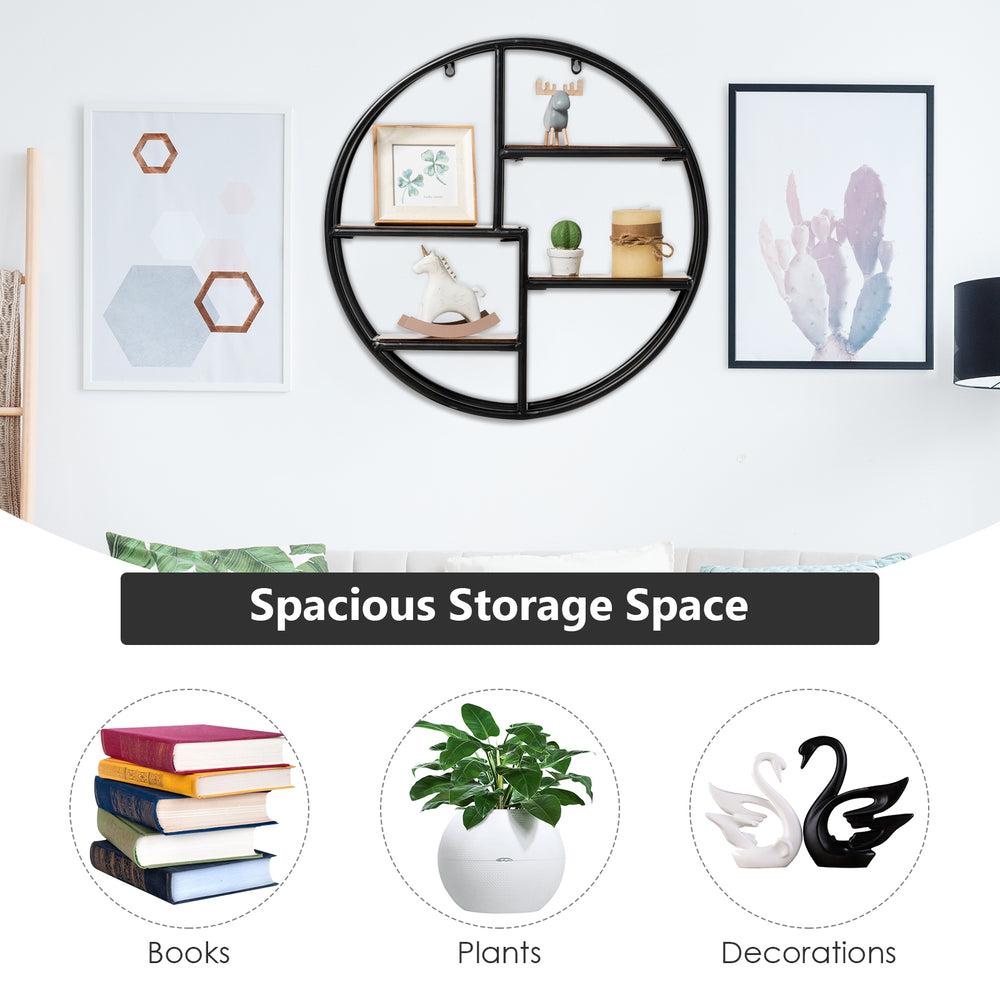 Circular wall-mounted 4-tier rack in black metal, ideal for displaying plants, books, and decorations in modern.