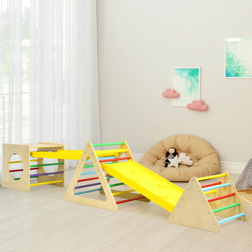 Kids triangle climber play gym set with two ramps, made of sturdy wood for safe climbing and sliding fun indoors.