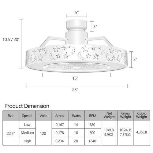 23-inch white ceiling fan with LED light, remote control, and starry lampshade, perfect for stylish home decor.