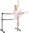 Ballet dancer performing an exercise at a 4 feet adjustable height black ballet barre for versatile training.