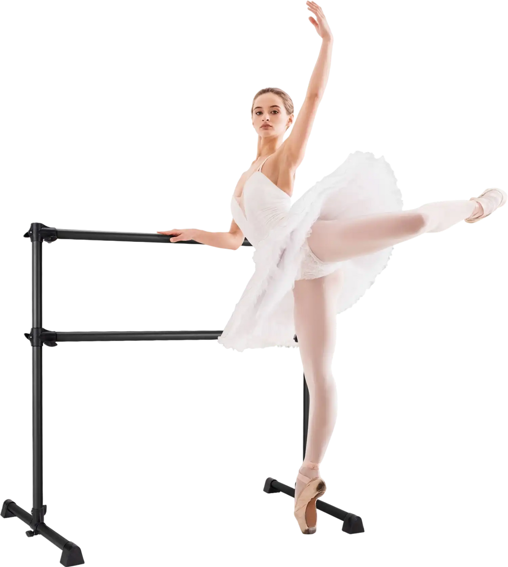 Ballet dancer performing an exercise at a 4 feet adjustable height black ballet barre for versatile training.