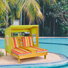 Kids patio lounge chair with awning and cup holders, featuring multicolor cushions, perfect for outdoor relaxation.