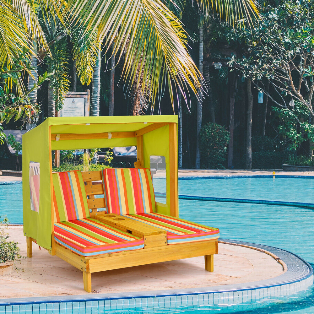 Kids patio lounge chair with awning and cup holders, featuring multicolor cushions, perfect for outdoor relaxation.