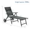 Adjustable gray patio lounge chair with wheels, aluminum frame, 7 backrest positions, ideal for poolside relaxation.
