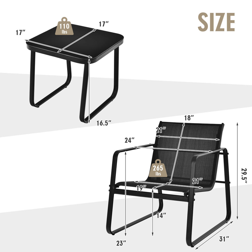 Size chart for 3-piece patio bistro set showing dimensions of chair and table, featuring anti-rust steel and tempered.