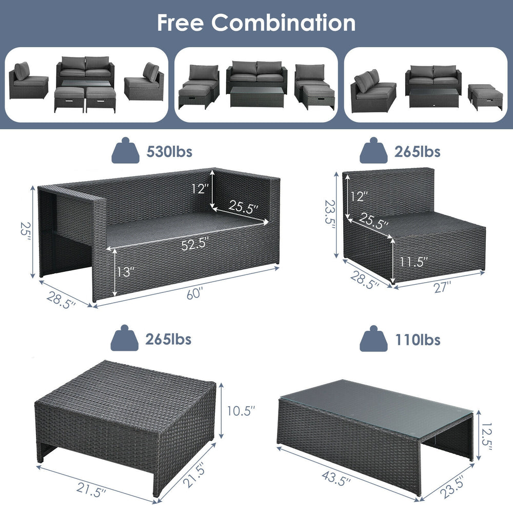 6-piece gray patio rattan furniture set with cushioned seats and glass table, ideal for outdoor relaxation and.
