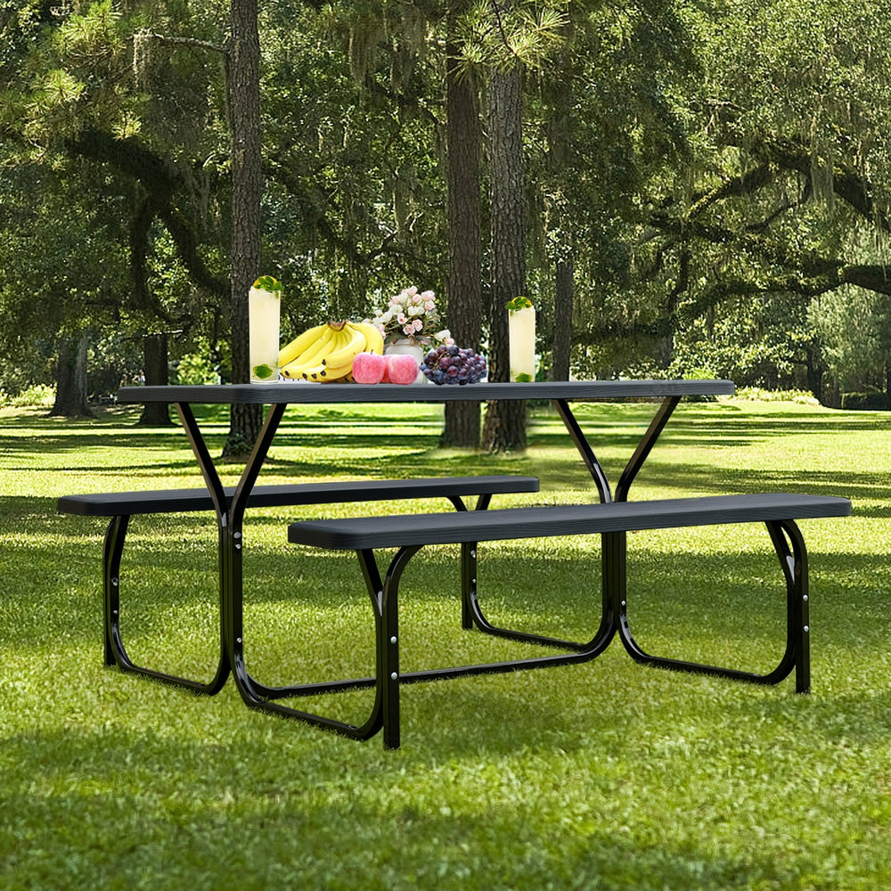 HDPE Outdoor Picnic Table Bench Set with Metal Base-Black - Gallery View 1 of 10