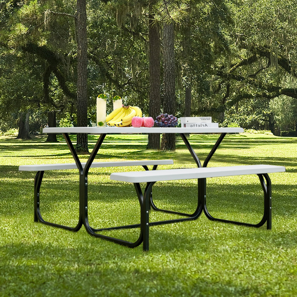 Outdoor picnic table bench set in white HDPE with a smooth surface and sturdy metal frame, ideal for gardens and patios.