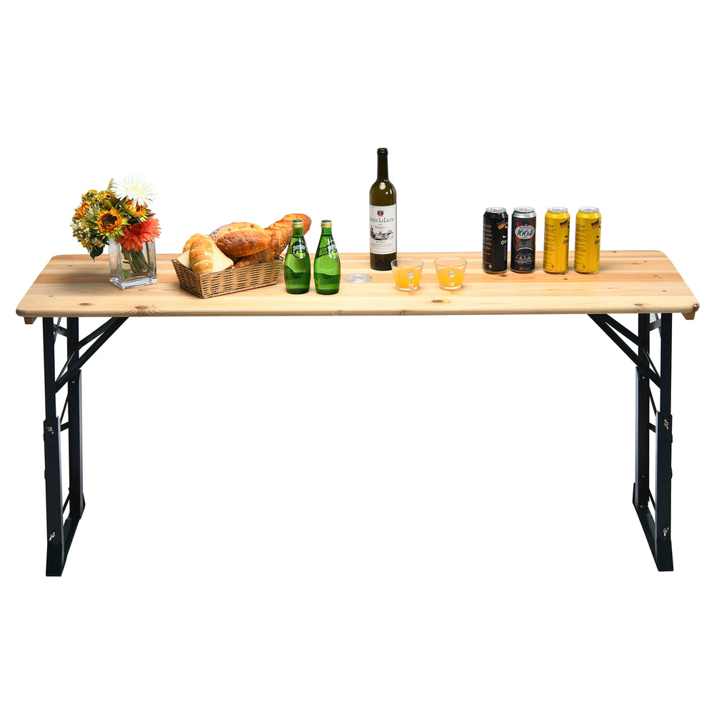 66.5-inch outdoor wood folding picnic table with food and drinks, featuring adjustable heights and rustic style for.