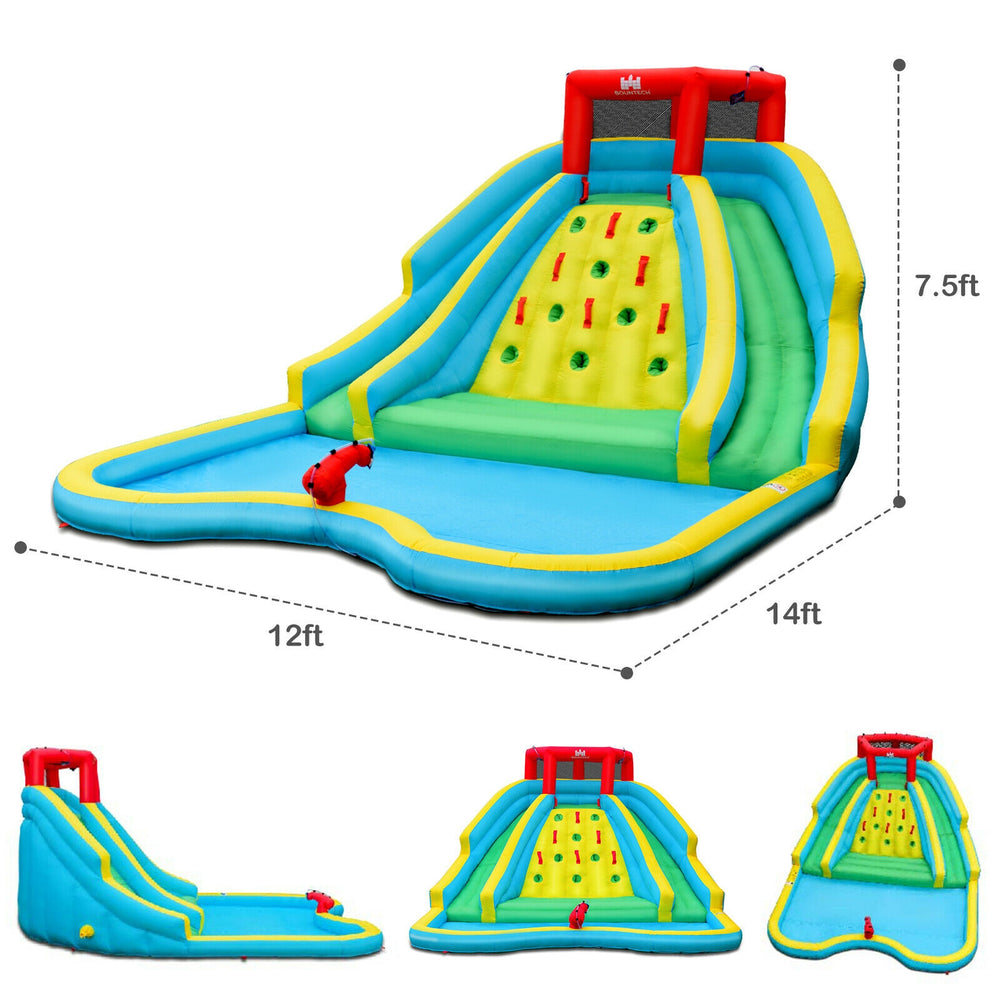 Inflatable water park with double slide, climbing wall, and splash pool, perfect for summer fun and outdoor play.