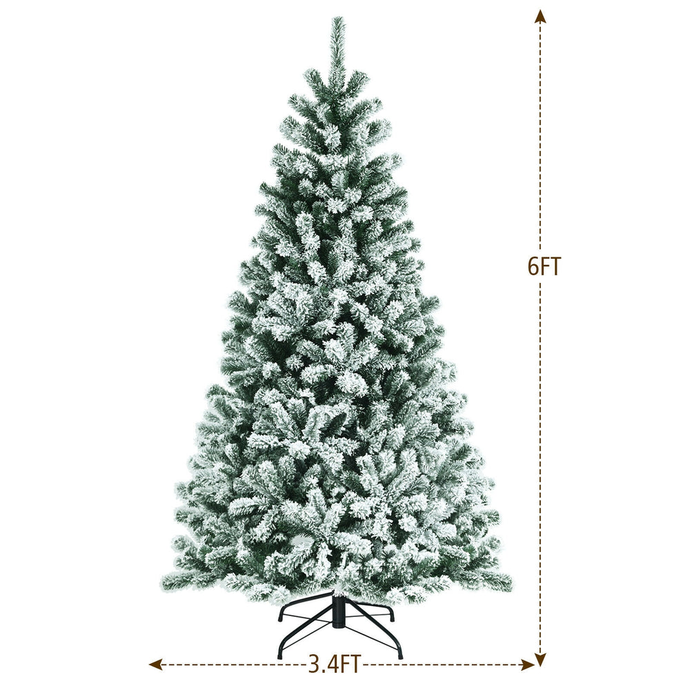 6-foot pre-lit snow flocked Christmas tree with 928 tips and a sturdy metal stand, perfect for festive holiday decor.