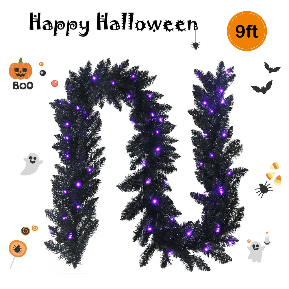 9-foot pre-lit Halloween garland with 50 purple LED lights, featuring a black design for festive decoration.