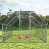 Large walk-in chicken coop with galvanized frame and PVC coated wire mesh, providing secure outdoor space for chickens.