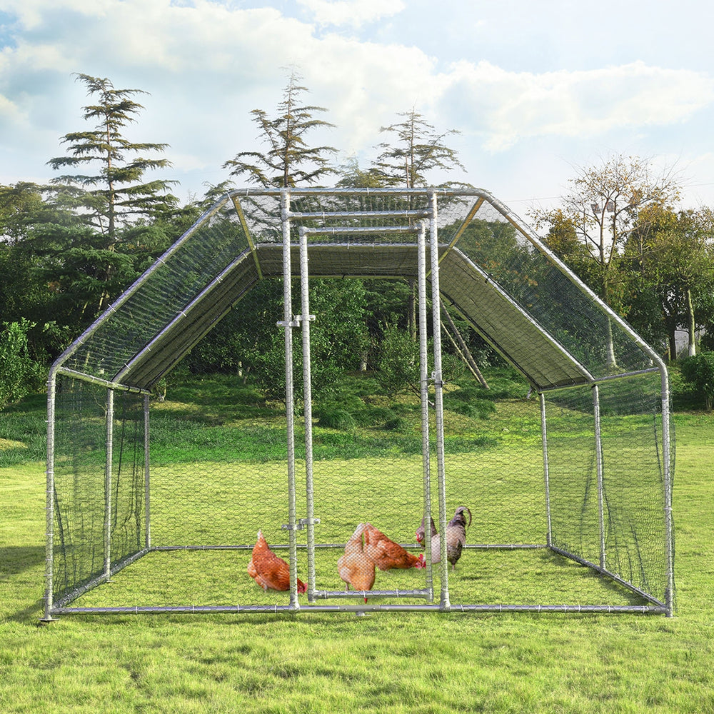 Large walk-in chicken coop run with galvanized steel frame, PVC coated mesh, and waterproof cover for outdoor use.