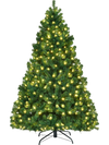 7-foot PVC artificial Christmas tree with pre-lit LED lights, featuring hinged branches for easy setup and a sturdy.