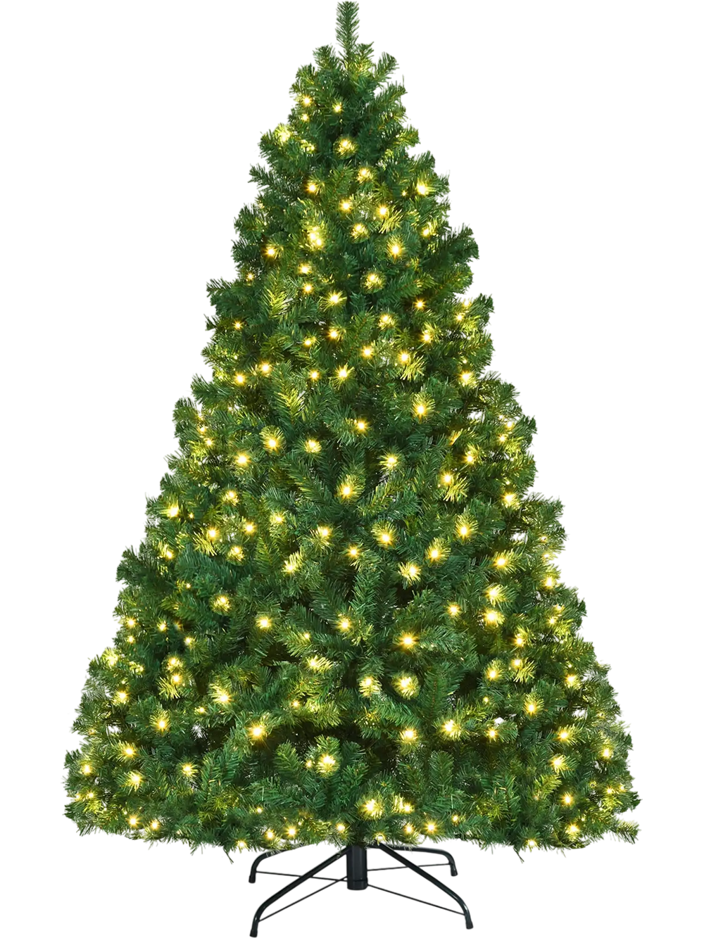 7-foot PVC artificial Christmas tree with pre-lit LED lights, featuring hinged branches for easy setup and a sturdy.