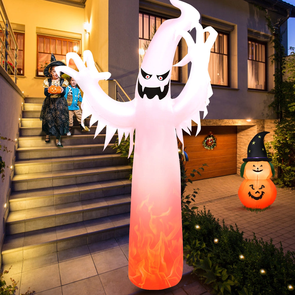 12-foot Halloween inflatable ghost decoration with built-in LED lights, perfect for yard or outdoor festivities.