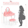 Kids vanity dressing table set in pink with a 360-degree mirror, matching stool, and three storage drawers for makeup.