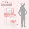 Kids pink vanity table with tri-folding mirror and stool, featuring star patterns and durable MDF construction for.