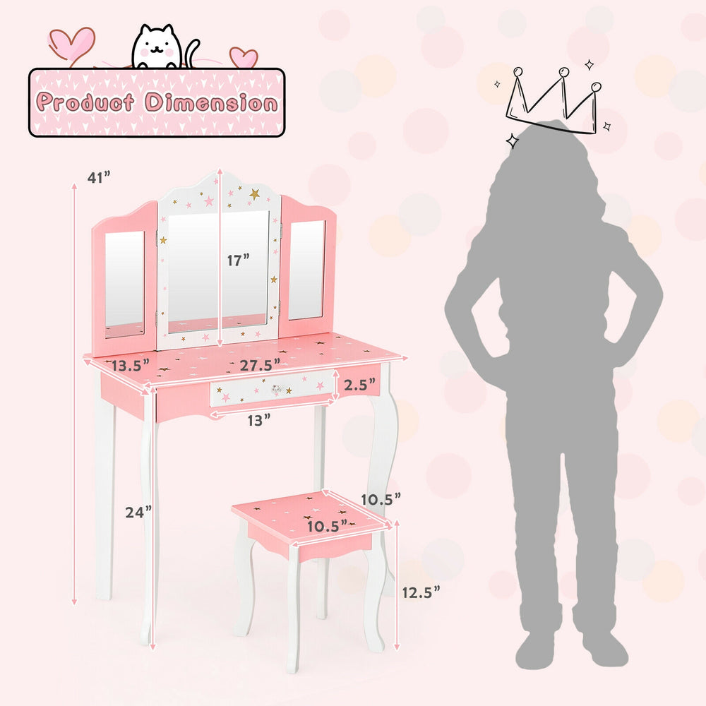 Kids pink vanity table with tri-folding mirror and stool, featuring star patterns and durable MDF construction for.