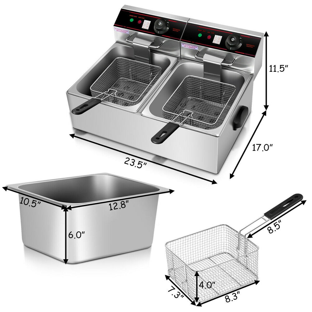 Dual tank electric countertop deep fryer with stainless-steel construction, two baskets, and adjustable temperature.