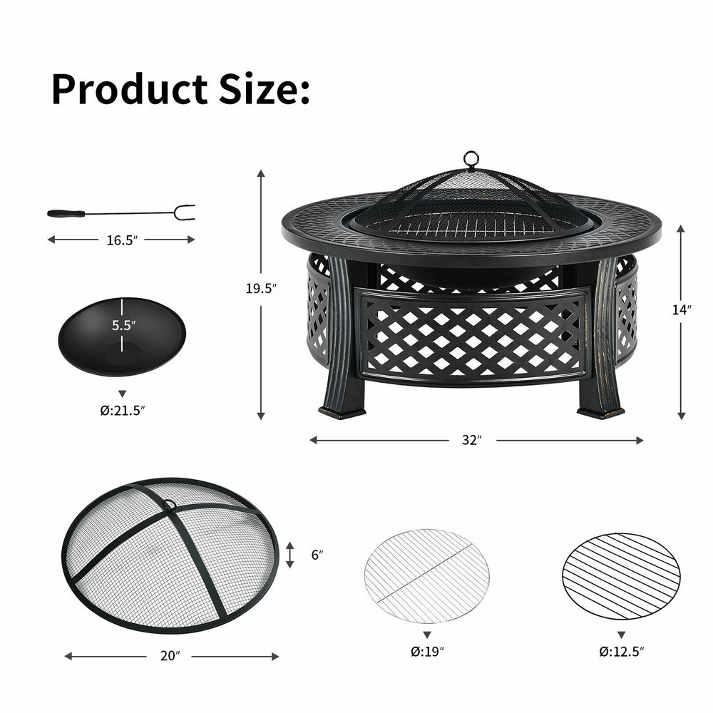 Outdoor fire pit with BBQ grill, 32-inch steel frame, high-temp finish, suitable for backyard and patio use.