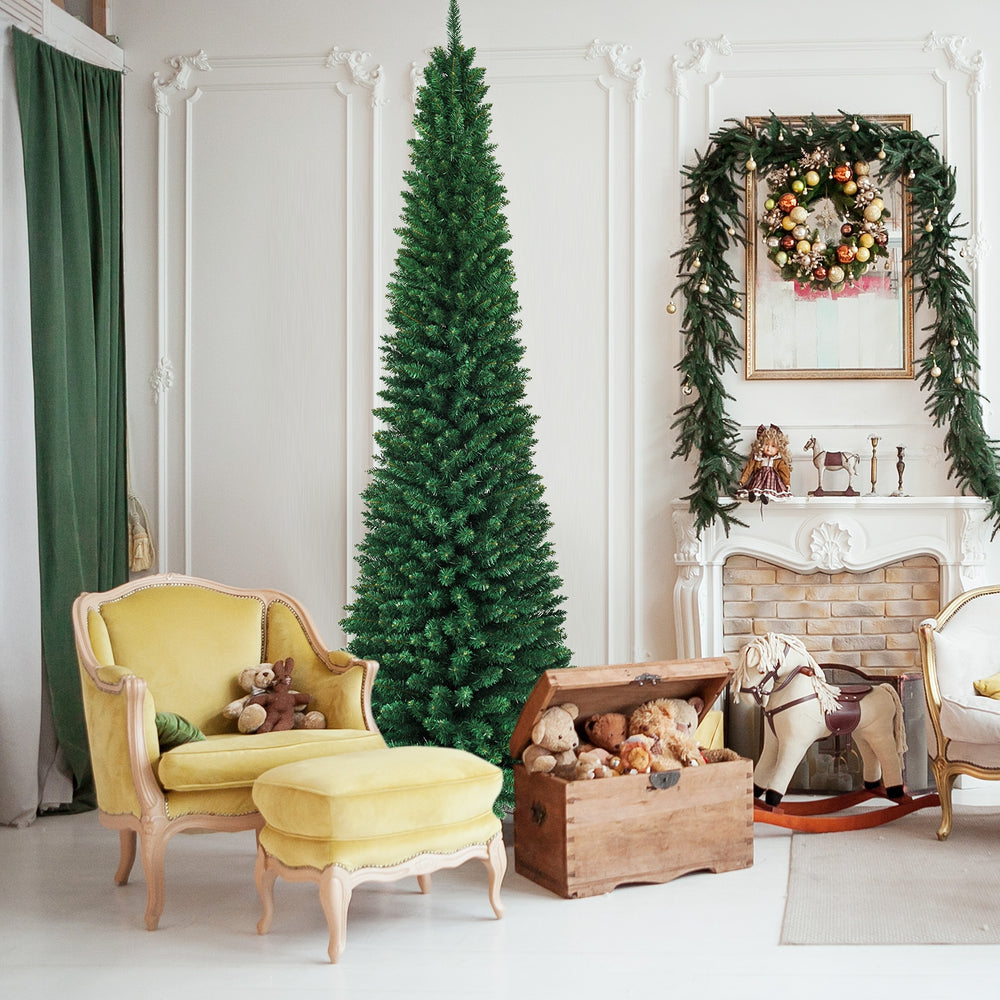 Slim pencil design 9-foot PVC artificial Christmas tree with dense needles, perfect for small spaces and holiday decor.
