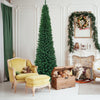 Slim pencil design 9-foot PVC artificial Christmas tree with dense needles, perfect for small spaces and holiday decor.