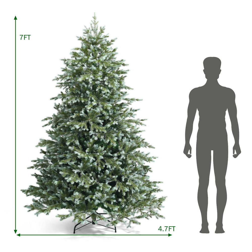 7ft artificial Christmas tree with 1260 mixed PE and PVC tips, featuring a dense appearance and hinged design for easy.