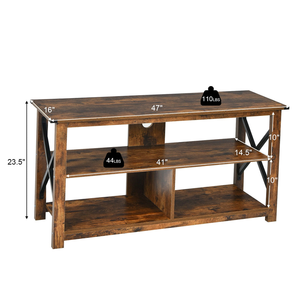 3 Tier wood TV stand in brown with open shelves, X-shaped frame, and dimensions for flat-screen TVs up to 55 inches.