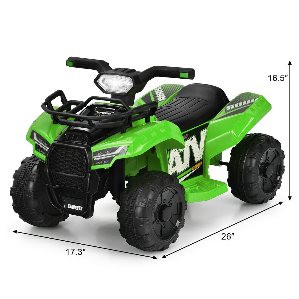 Green 6V kids ATV quad electric ride-on car with LED light, MP3, and durable wheels for safe outdoor fun.